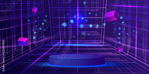 VR game arena with podium. Virtual Reality gamer studio in neon style background. Ai digital interior. Futuristic vector illustration.
