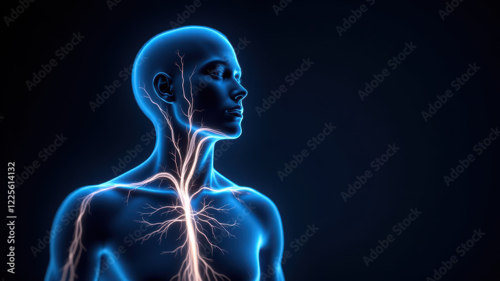 Illustration of a human head with highlighted blue vagus nerve, showing VNS or Vagus Nerve Stimulation. Illustration of a human head with highlighted blue vagus nerve, showing VNS or Vagus Nerve Stimulation.