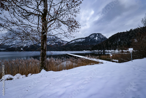 Nieve y cielo azul con nubes de aviones, Winter Austria, Arboles y casas bonitas en las montañas