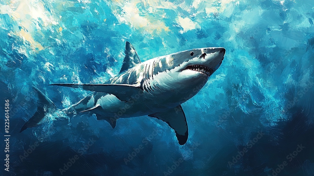 Fototapeta premium A great white shark swimming near the ocean surface, powerful and graceful, intense blue water 