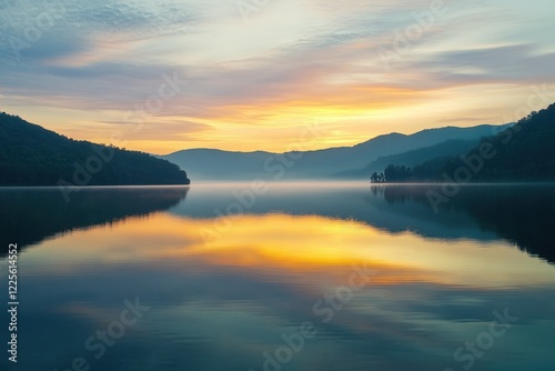 Serene Lake at Sunrise with Mountain Reflection