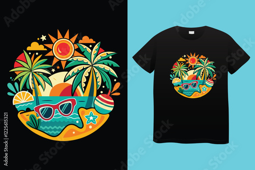 Colorful summer t-shirts on display at a vibrant store during sunny days.