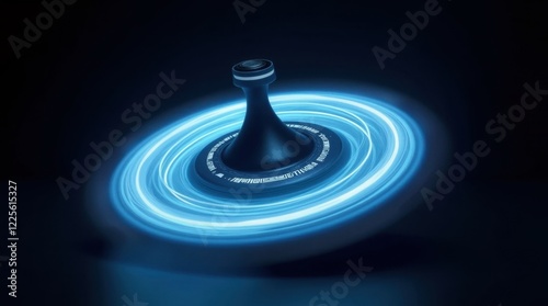 Hyper-Realistic Spinning Top with Glowing Blue-White Rin photo