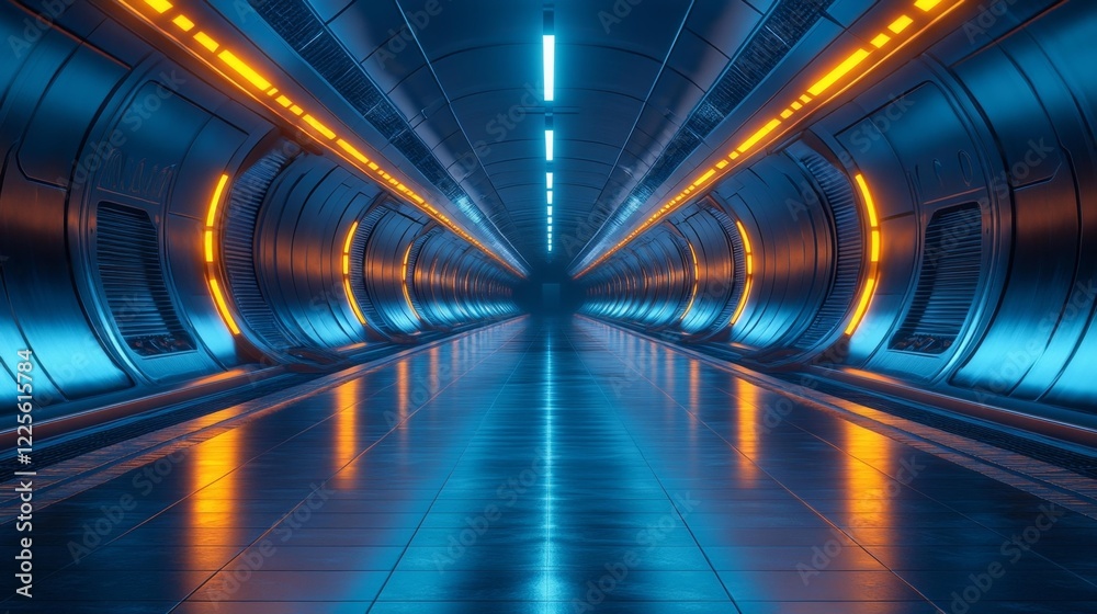 Fototapeta premium Futuristic metallic tunnel illuminated with neon lights. Generative AI