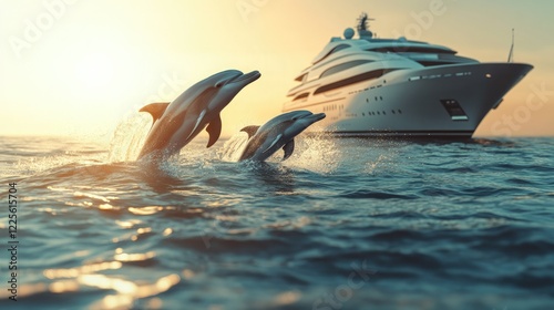 Dolphins gracefully leap from the ocean near a luxury yacht during a vibrant sunset