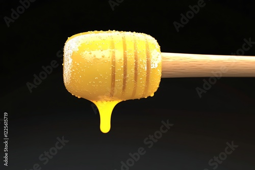 honey dripping from a wooden dipper photo