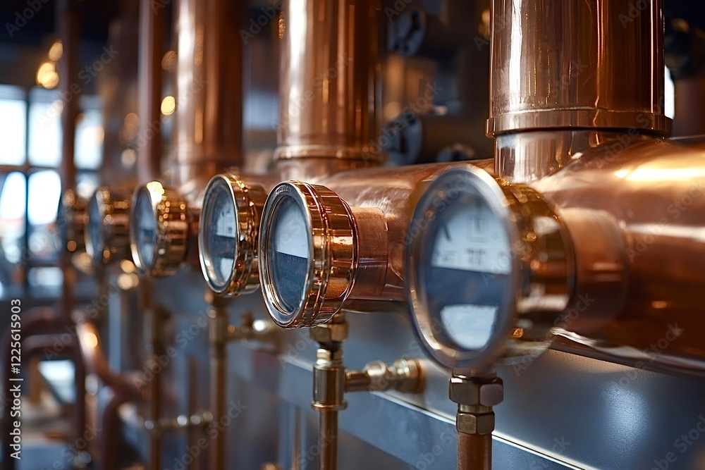 Fototapeta premium Copper pipes and pressure gauges measuring industrial process