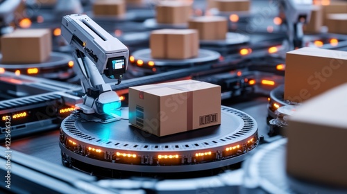 A perspective view of a robotic sorting mechanism categorizing packages based on size and weight showcasing the efficiency and speed of automated handling in a busy distribution center. photo