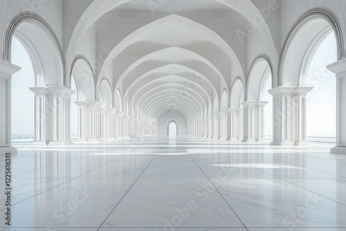 Long white space with arches and marble floor photographed in ultra-wide angle for an architecture editorial
