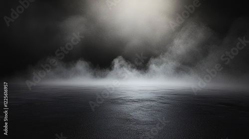 Abstract black background with fog and mist for product presentation, dark gray floor, empty space, smoke
