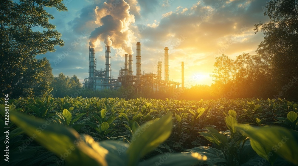 Fototapeta premium Sunset Over Industrial Plant Nature and Industry. Generative AI