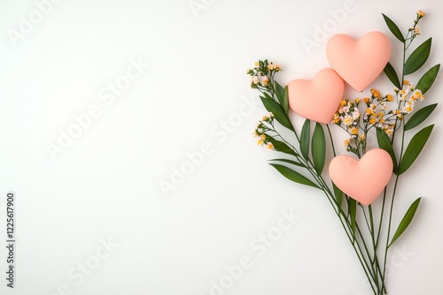 Corazones rosas y flores para el día de San Valentín en un fondo claro photo