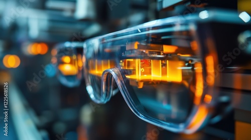 A closeup of AR glasses displaying warning signals for excess waste production on a manufacturing line allowing for immediate corrective actions to minimize resource waste.