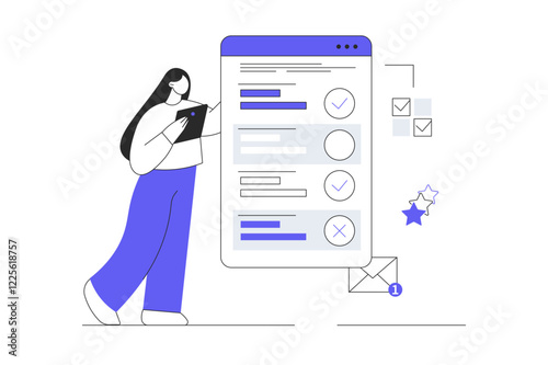 Online survey concept. Woman Character put cross or tick in questionnaire or quiz on web page. Flat Cartoon Vector Illustration, icon. Stylish abstract  