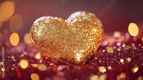 Golden Glitter Heart Resting On Red Sparkle Background