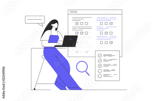 Online survey concept. Opinion questionnaire forms. Woman Character fill out survey forms online on the web pages. Flat Cartoon Vector Illustration, icon. Stylish abstract  