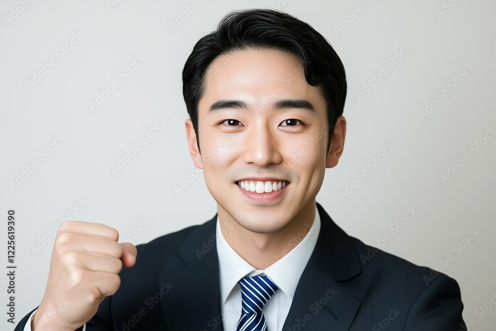 Businessman celebrating success with fist pump in a professional suit Businessman celebrating success with fist pump in a professional suit