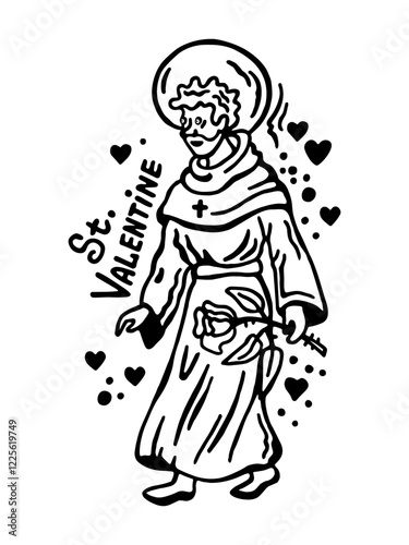 Illustration Saint Valentine, the patron saint of all lovers,black outline on a white background
