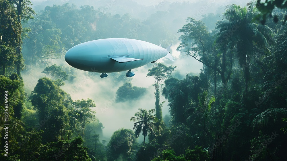 Fototapeta premium Airship Soaring Above Lush Rainforest