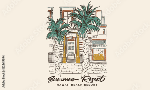 City resort modern abstract art. Holiday paradise. Italy city, Venice beach hotel print design for apparel, sticker, background, poster and others.
