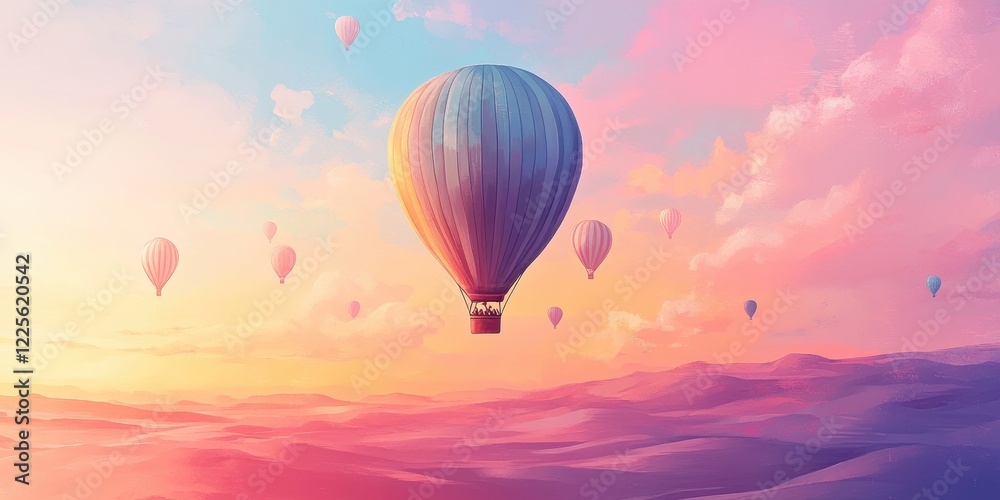 Fototapeta premium Hot Air Balloons Soar Over Pastel Sunset Landscape