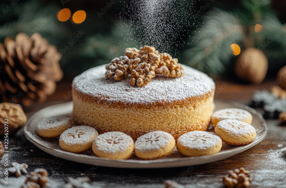Fototapeta premium Delicious festive cake topped with powdered sugar and nuts on a rustic wooden table with Christmas decorations in a warm and inviting atmosphere