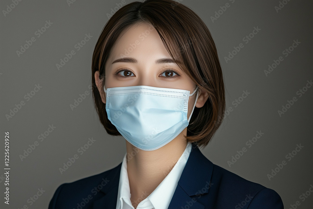 Woman wearing a mask in business attire with a serious expression emphasizing health and safety Woman wearing a mask in business attire with a serious expression emphasizing health and safety