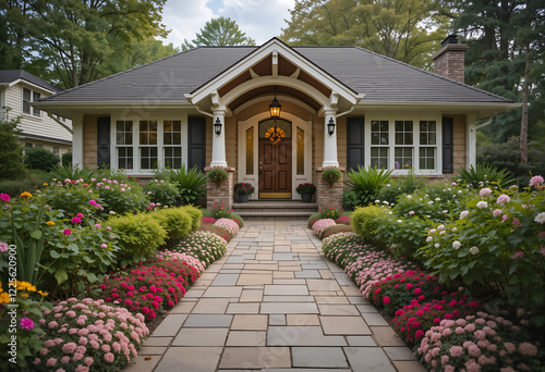 A cozy cottage features a welcoming front door and is framed by lush greenery and vibrant flower beds. The pathway is lined with colorful blooms, creating an inviting atmosphere