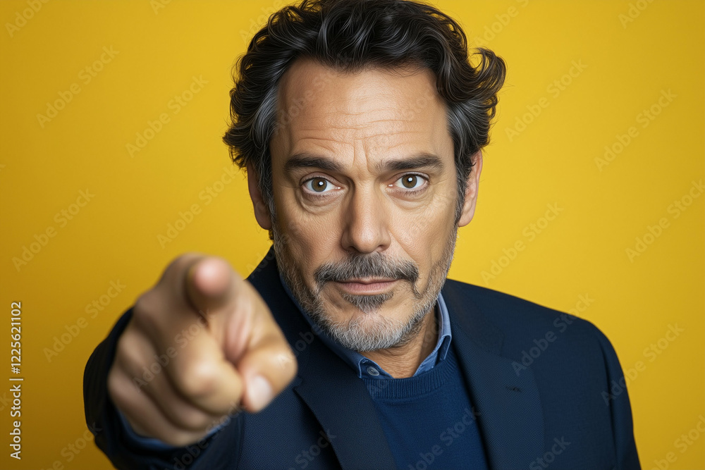 Man pointing confidently at the camera with an engaging expression in a bold yellow background Man pointing confidently at the camera with an engaging expression in a bold yellow background