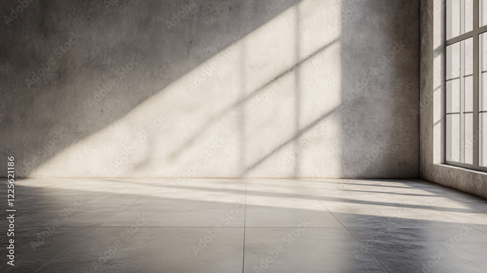 Sunlit concrete walls and floors in a minimalist interior design