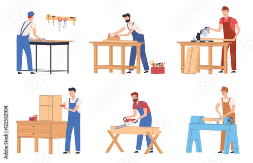 Carpenters with different tools. Woodworking. Making wooden furniture. Creating wooden structures. Vector illustrations photo