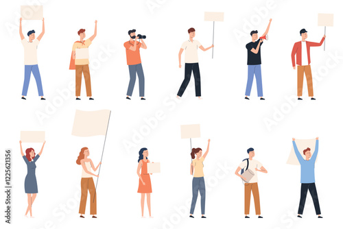 Crowd of opposing people taking part in a protest rally with flags and banners. Men and women take part in a political rally. Vector illustration