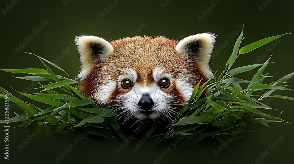 Naklejka premium Red panda peering from bamboo, dark background, wildlife portrait, nature stock