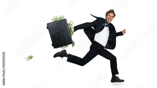 Excited man in suit running fast with a briefcase overstuffed with cash photo