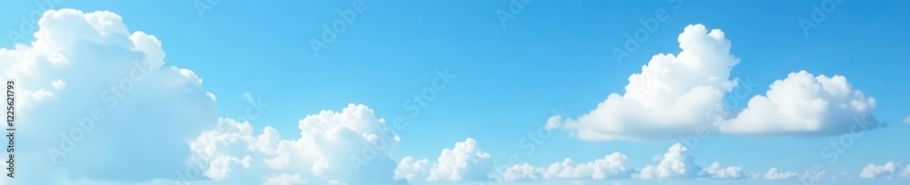 White puffy clouds are scattered against a clear blue sky, gentle, sunny, airy