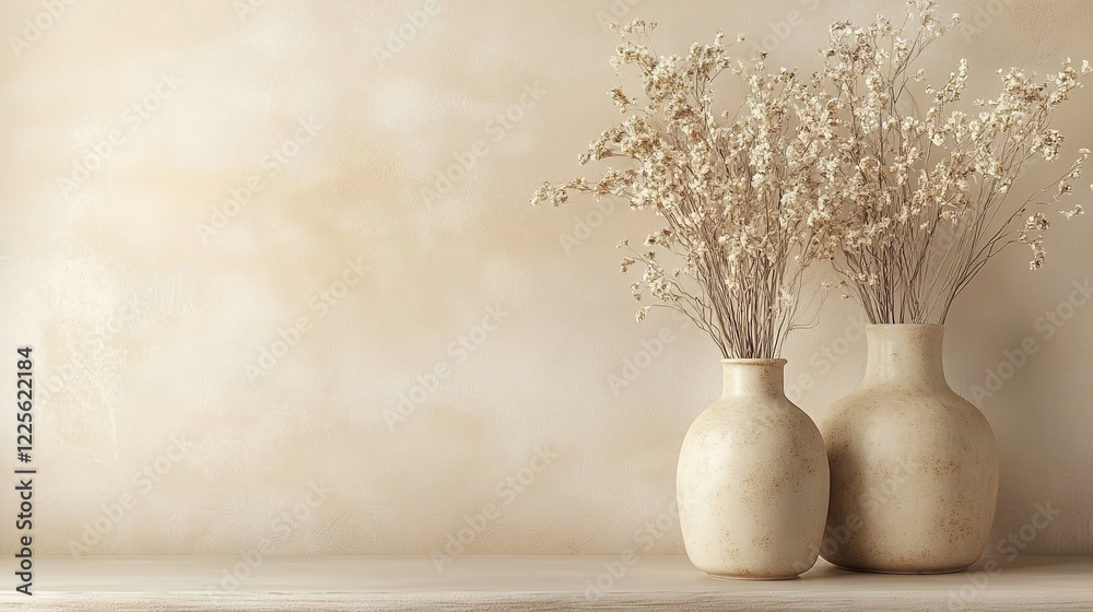 Beige wall background with beige vases and dried flowers, beige wall, beige background Beige wall background with beige vases and dried flowers, beige wall, beige background