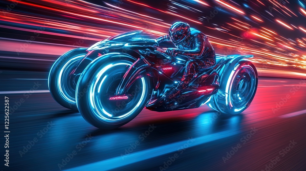 Obraz premium A futuristic bike with neon lights racing through a city at night, blending speed with modern design, thrilling atmosphere 