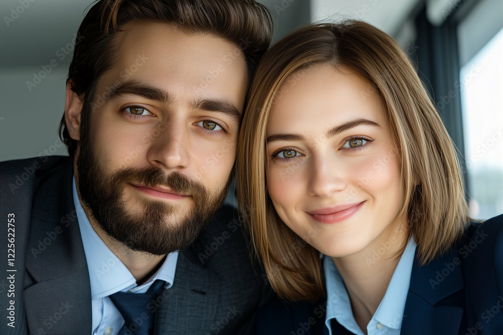 Business professionals smiling together in modern office setting Business professionals smiling together in modern office setting