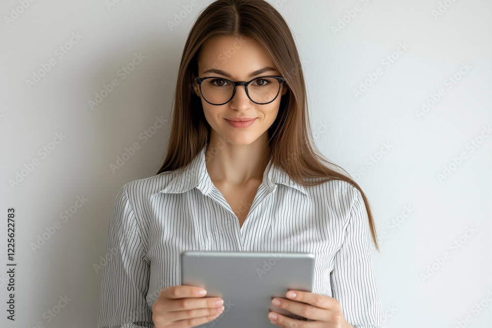 Woman holding tablet device smiling in business attire Woman holding tablet device smiling in business attire