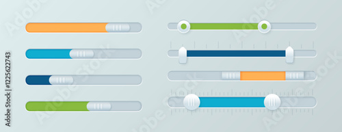 Scroll bar icons vector set. Computer scrollbars, sliders, web design elements for website, graphic ui, app user interface or internet page. Brightness controller, turn on or off toggle switch buttons