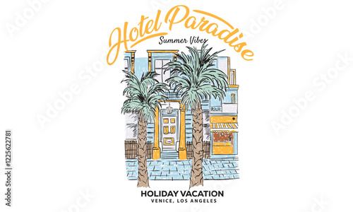 Holiday paradise. Italy city, Venice beach hotel print design for apparel, sticker, background, poster and others. City resort modern abstract art.