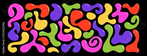 Set of colorful irregular blobs, random liquid organic drop shapes. Amorphous splodges, asymmetric spots, fluid uneven elements or simple amoeba figures. Abstract glossy color form on black background
