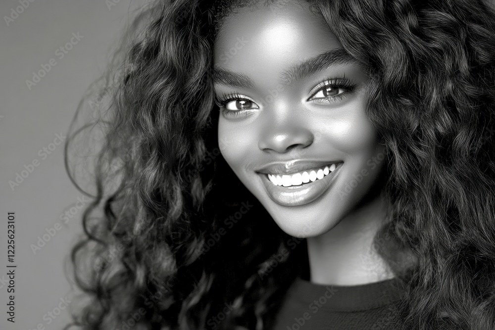Fototapeta premium Stunning smiling black girl - for ads, lane poster and online promotion networks use. Commercial commercial concept design idea design. Long trim - curly hair. Afro-american beauty portraits.