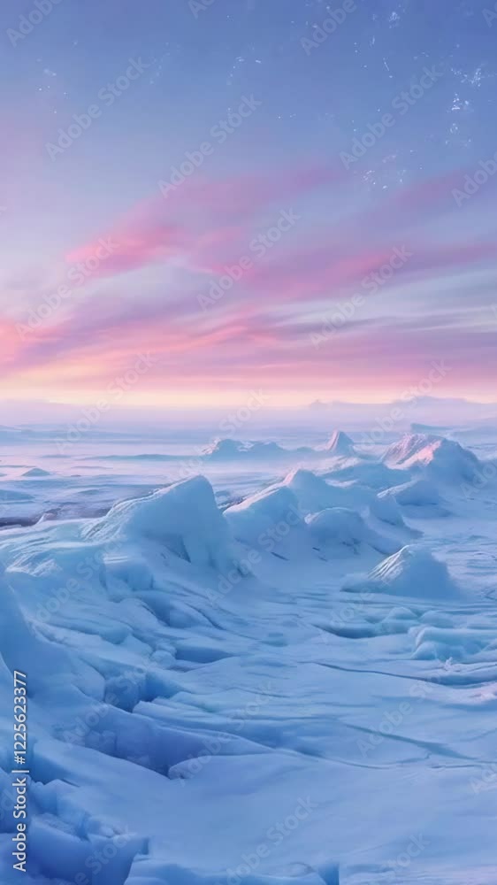 Snowy tundra at sunset with twilight hues of purple and pink sky new beautiful stock 9x16 vertical video footage animation AI Snowy tundra at sunset with twilight hues of purple and pink sky new beautiful stock 9x16 vertical video footage animation AI