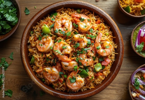 Delicious shrimp biryani served in a wooden bowl, garnished with fresh herbs and colorful spices, perfect for culinary presentations or food blogs. photo