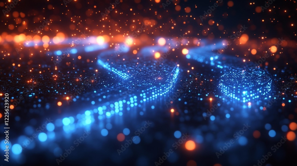 Fototapeta premium Abstract glowing digital network with particles and neon light effects. Generative AI
