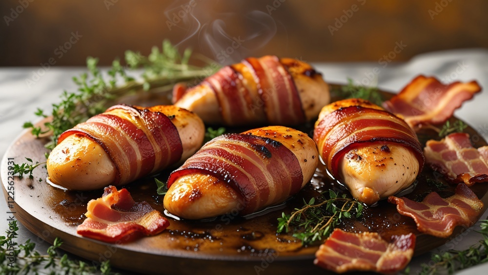 Bacon-wrapped chicken breasts, golden and crispy, arranged on a rustic platter with fresh herbs and scattered bacon, set against a warm, earthy background, evoking comfort and indulgence. Bacon-wrapped chicken breasts, golden and crispy, arranged on a rustic platter with fresh herbs and scattered bacon, set against a warm, earthy background, evoking comfort and indulgence.