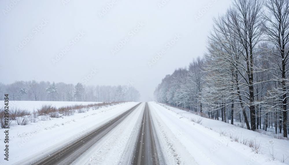Long snowy road through winter forest under clear sky Long snowy road through winter forest under clear sky