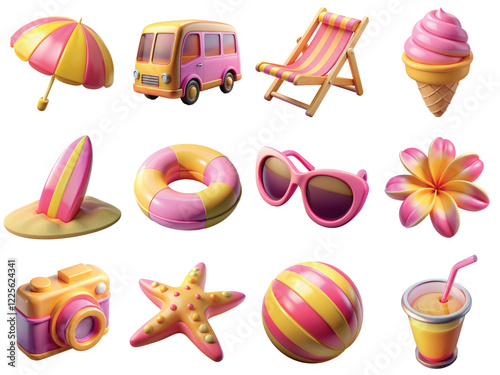 Collection of pink and yellow 3d travel icons including bus, ice-cream, camera, sunglasses, cocktail, seastar