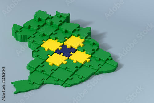 Brazil map puzzle with Brazilian flag colors forming in the center over light green background